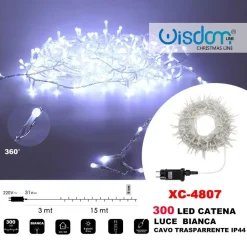 CATENA LUMINOSA 300 LUCI LED LUCCIOLE LUCE BIANCA CAVO TRASPARENTE IP44 XC-4807