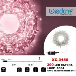 CATENA LUMINOSA 300 LUCI LED LUCCIOLE LUCE ROSA CAVO TRASPARENTE IP44 XC-3156