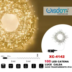 CATENA LUMINOSA 100 LUCI LED LUCCIOLE LUCE CALDA CAVO TRASPARENTE IP44 XC-4142
