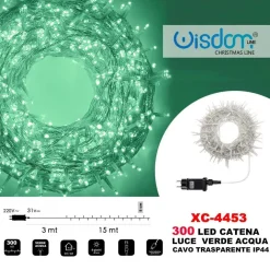 CATENA LUMINOSA 300 LUCI LED LUCCIOLE LUCE VERDE ACQUA CAVO TRASPARENTE XC-4453
