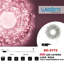 CATENA LUMINOSA 500 LUCI LED LUCCIOLE LUCE ROSA CAVO TRASPARENTE IP44 XC-3173
