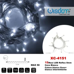 CATENA LUMINOSA 15 LUCI LED LUCCIOLE BIANCO FISSO + BIANCO INTERMITTENTE XC-4151