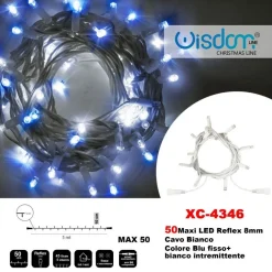 CATENA LUMINOSA 50 LUCI LED LUCCIOLE BLU FISSO + BIANCO INTERMITTENTE XC-4346