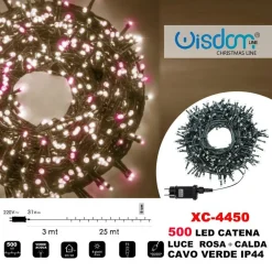 CATENA LUMINOSA 500 LUCI LED LUCCIOLE LUCE ROSA + CALDA CAVO VERDE IP44 XC-4450