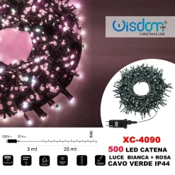 CATENA LUMINOSA 500 LUCI LED LUCCIOLE LUCE BIANCA + ROSA CAVO VERDE IP44 XC-4090