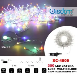 CATENA LUMINOSA 300 LUCI LED LUCCIOLE LUCE MULTICOLORE CAVO TRASPARENTE XC-4809