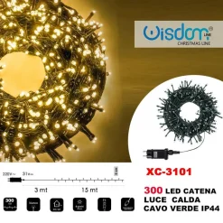 CATENA LUMINOSA 300 LUCI LED LUCCIOLE LUCE CALDA CAVO VERDE IP44 XC-3101