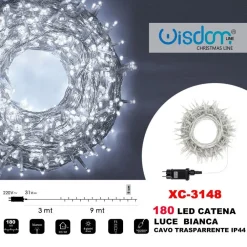 CATENA LUMINOSA 180 LUCI LED LUCCIOLE LUCE BIANCA CAVO TRASPARENTE IP44 XC-3148