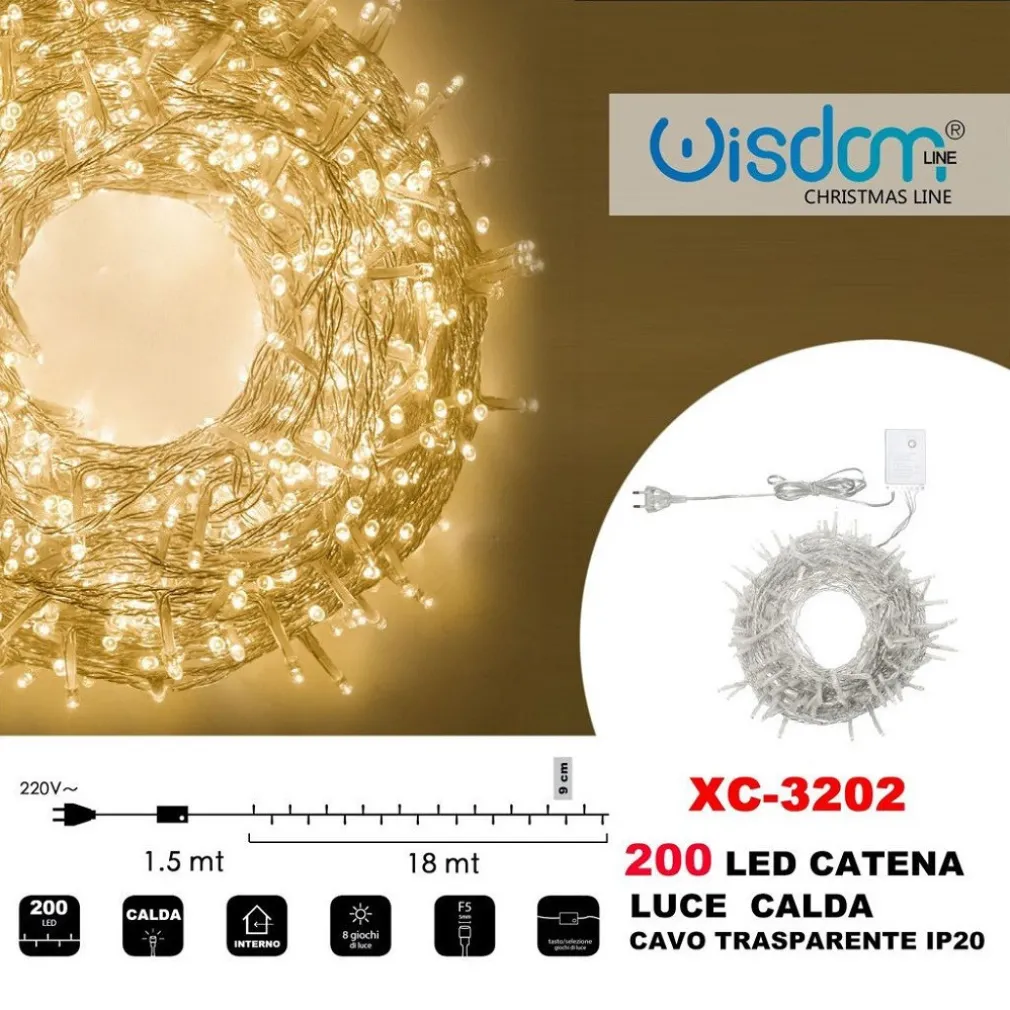 CATENA LUMINOSA 200 LUCI LED LUCCIOLE LUCE CALDA CAVO TRASPARENTE IP20 XC-3202