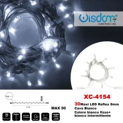 CATENA LUMINOSA 30 LUCI LED LUCCIOLE BIANCO FISSO + BIANCO INTERMITTENTE XC-4154