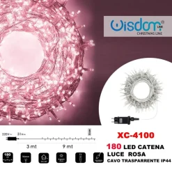 CATENA LUMINOSA 180 LUCI LED LUCCIOLE LUCE ROSA CAVO TRASPARENTE IP44 XC-4100