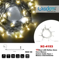 CATENA LUMINOSA 15 LUCI LED LUCCIOLE CALDO FISSO + BIANCO INTERMITTENTE XC-4153