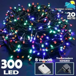 CATENA LUMINOSA 300 LUCI LED LUCCIOLE MULTICOLORE CONTROLLER 8 FUNZIONI ESTERNO