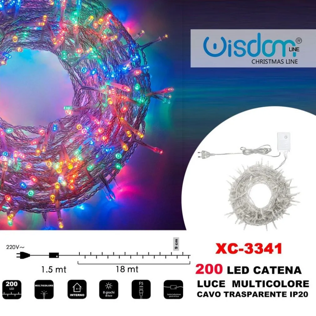 CATENA LUMINOSA 200 LUCI LED LUCCIOLE LUCE MULTICOLORE CAVO TRASPARENTE XC-3341