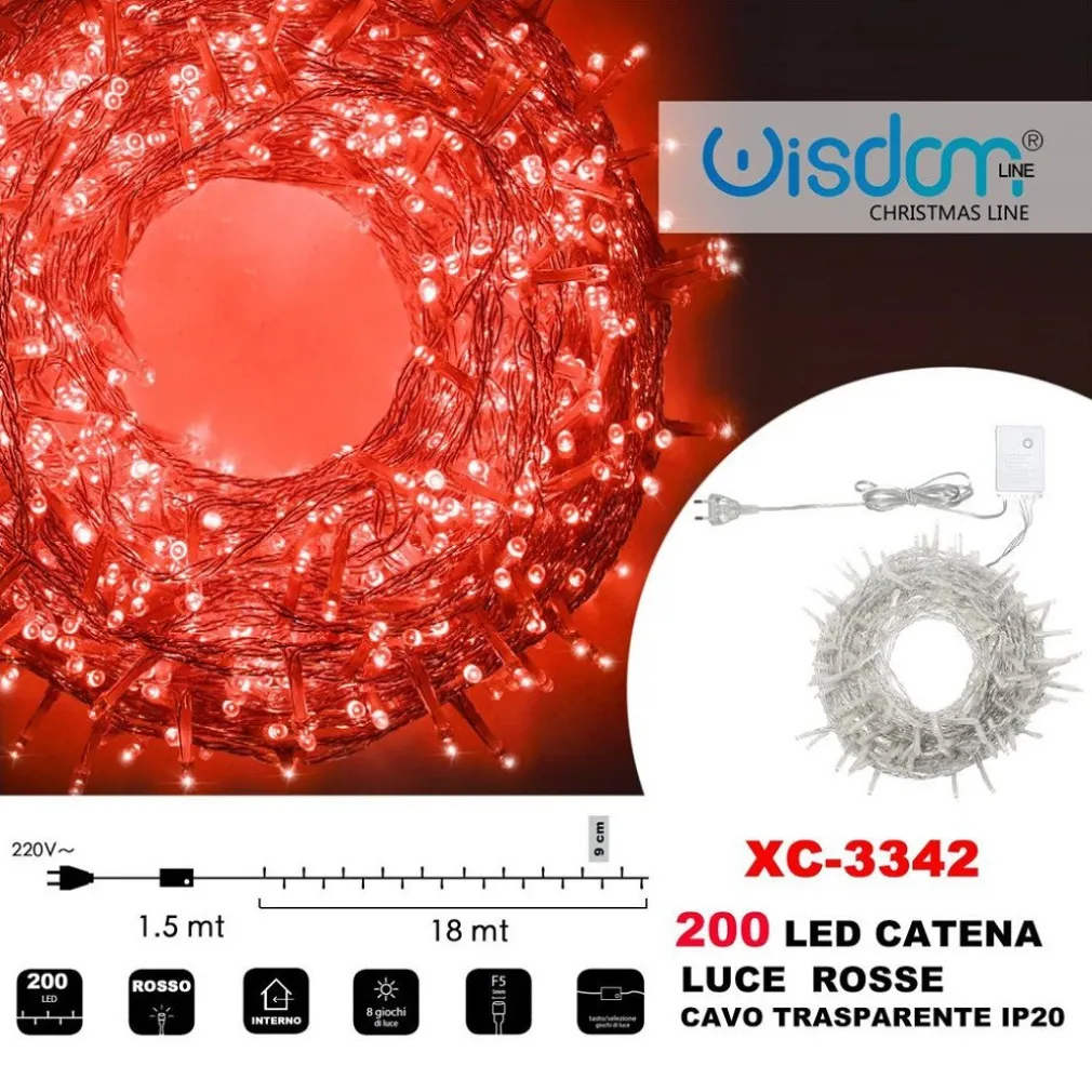 CATENA LUMINOSA 200 LUCI LED LUCCIOLE LUCE ROSSO CAVO TRASPARENTE IP20 XC-3342