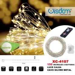 CATENA LUMINOSA 150 MICROLED A BATTERIA CAVO SILVER METAL LUCE CALDA XC-4107