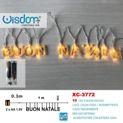CATENA LUMINOSA CON SCRITTA BUON NATALE 10 LED A BATTERIA LUCE CALDA XC-3772