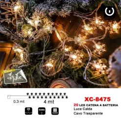 CATENA LUMINOSA FIOCCHI NEVE 20LED A BATTERIA LUCE CALDA CAVO TRAPARENTE XC-8475