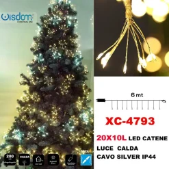 CATENA LUMINOSA 200LED 20X10 LUCI CON CIUFFI LUCE CALDA CAVO SILVER IP44 XC-4793