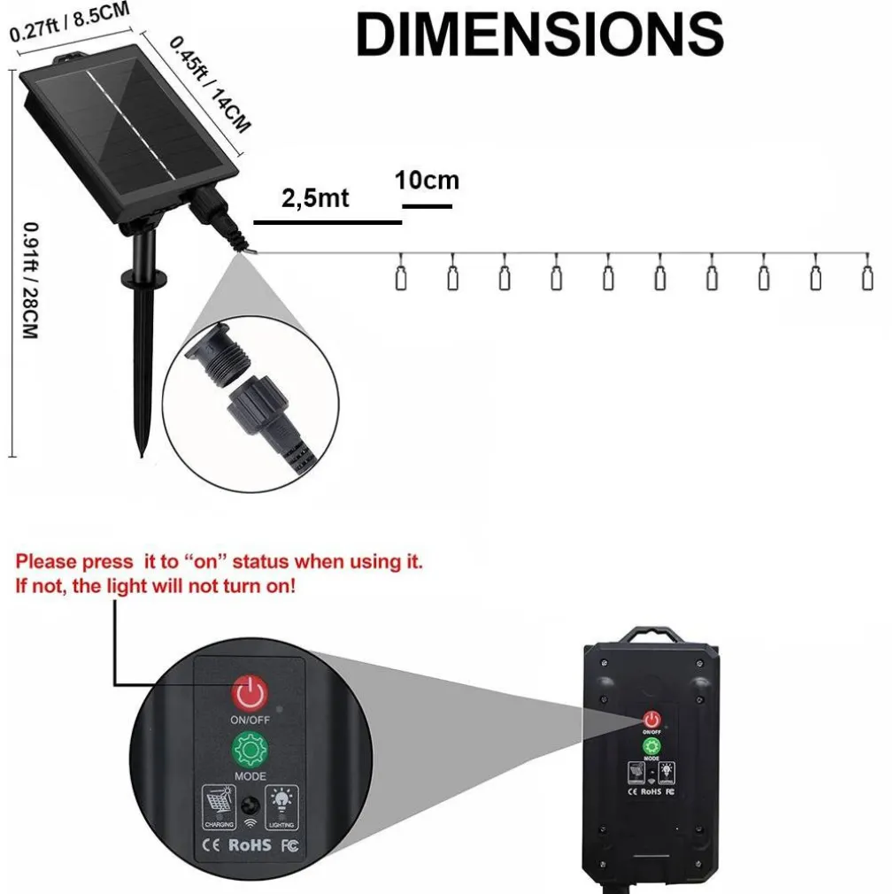 CATENA LUMINOSA MICROLED DA 10MT 100LED CON PANNELLO SOLARE RICARICABILE ESTERNO
