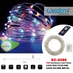 CATENA LUMINOSA 100MICROLED A BATTERIA CAVO SILVER METAL LUCE MULTICOLORE XC-4286