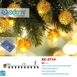 CATENA LUMINOSA PALLINE 20 LED A BATTERIA LUCE CALDA FISSA+INTERMITTENTE XC-3714