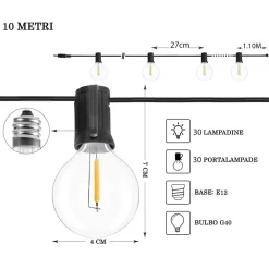 CATENA LUMINOSA SOLARE CREPUSCOLARE 30 LAMPADINE FILO LED 3W LUCE 2200K 10 METRI