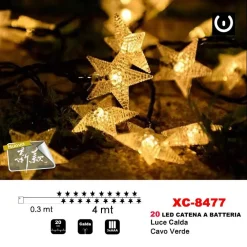 CATENA LUMINOSA STELLE 20LED A BATTERIA LUCE CALDA CAVO VERDE DECORAZIONI XC-8477