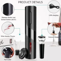 CAVATAPPI ELETTRICO VINO SET APRIBOTTIGLIE 5IN1 RICARICA USB TAGLIAPASTA TAPPO VERSATORE