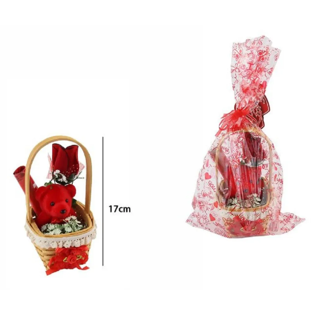 CESTA CON PELUCHE ORSETTO ROSSO IDEA REGALO SAN VALENTINO FIORI CONFEZIONE 63294