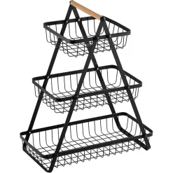 CESTINO PORTA FRUTTA RETTANGOLARE A 3 RIPIANI CON MANICO LEGNO DECORAZIONE CUCINA CASA