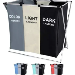 CESTO BIANCHERIA 3 SCOMPARTI PORTABIANCHERIA PIEGHEVOLE IN METALLO E TESSUTO