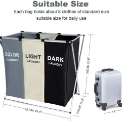 CESTO BIANCHERIA 3 SCOMPARTI PORTABIANCHERIA PIEGHEVOLE IN METALLO E TESSUTO