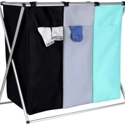 CESTO BIANCHERIA 3 SCOMPARTI PORTABIANCHERIA PIEGHEVOLE IN METALLO E TESSUTO