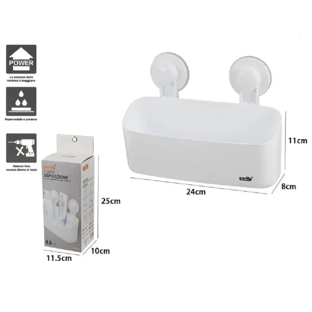 CESTO CONTENITORE PORTA OGGETTI A VENTOSA BIANCO ACCESSORI BAGNO 24X8X11CM 59552