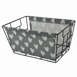 CESTO PORTA OGGETTI IN FERRO TESSUTO STAMPA A CUORI CON MANICI 30X20X15 CM 10618