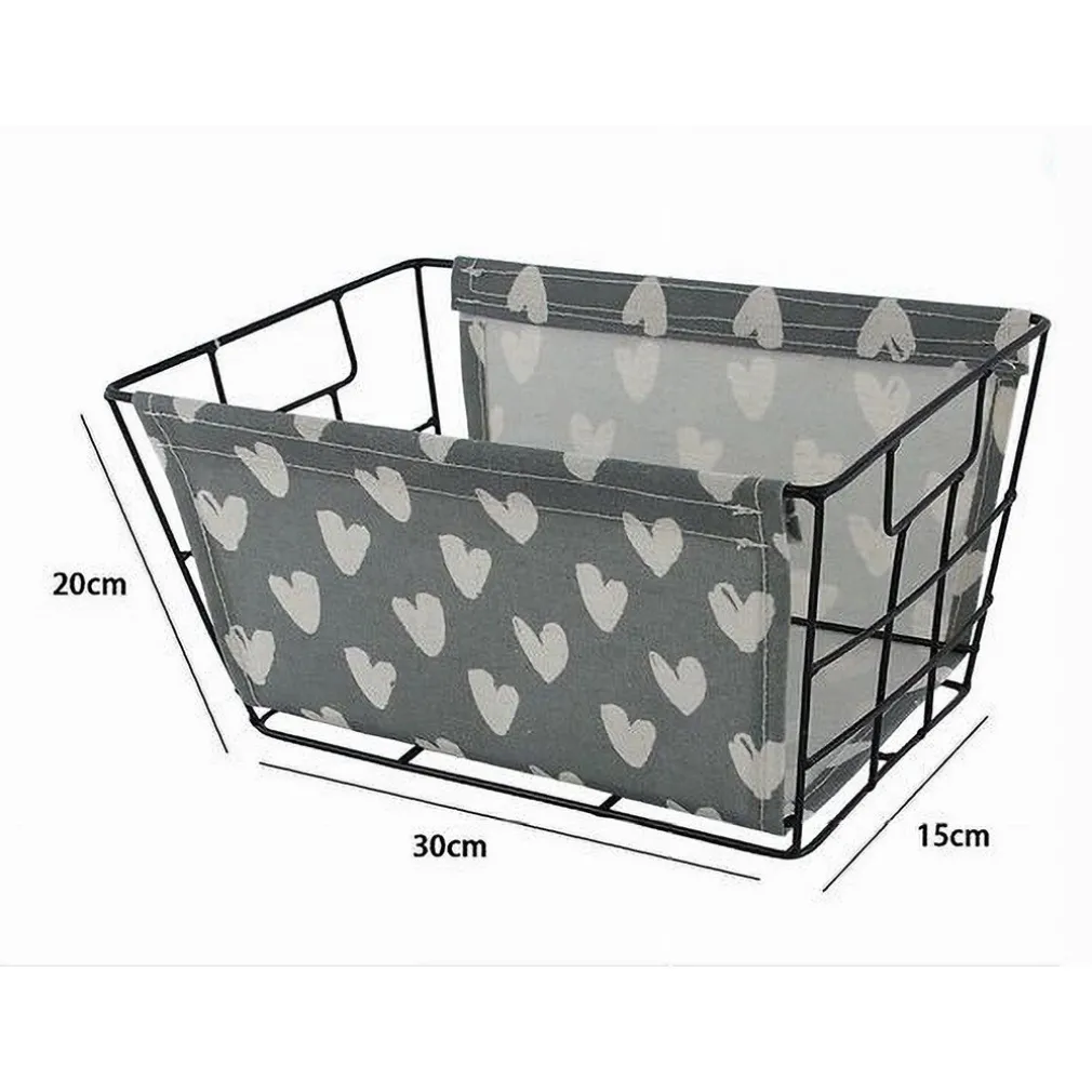 CESTO PORTA OGGETTI IN FERRO TESSUTO STAMPA A CUORI CON MANICI 30X20X15 CM 10618
