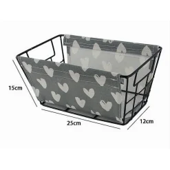 CESTO PORTA OGGETTI IN FERRO TESSUTO STAMPA A CUORI CON MANICI 25X15X12 CM 10615