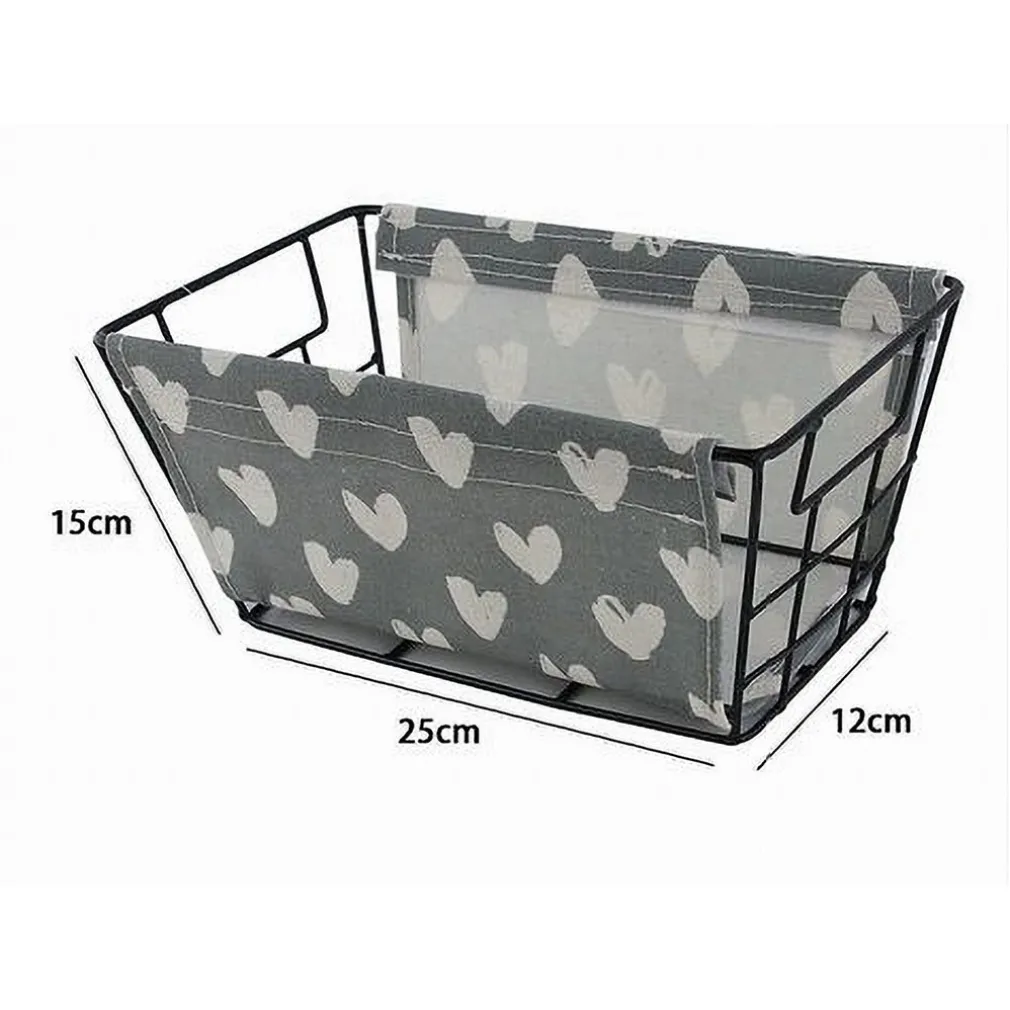 CESTO PORTA OGGETTI IN FERRO TESSUTO STAMPA A CUORI CON MANICI 25X15X12 CM 10615