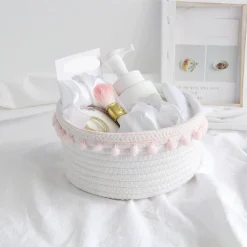CESTO PORTA OGGETTI PER BIANCHERIA IN CORDA PON PON ROSA CESTINO 22X9.5 CM 10666