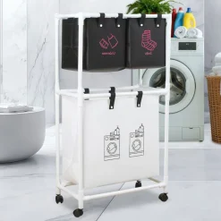 CESTO PORTABIANCHERIA SPORCA MULTIFUNZIONE A 2 STRATI CON RUOTE CARRELLO PORTATILE LAVAGGI