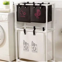 CESTO PORTABIANCHERIA SPORCA MULTIFUNZIONE A 2 STRATI CON RUOTE CARRELLO PORTATILE LAVAGGI