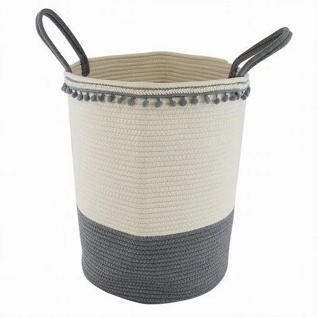 CESTO PORTAOGGETTI PER BIANCHERIA IN CORDA PONPON GRIGI CON MANICI 35X45CM 10672