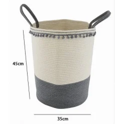 CESTO PORTAOGGETTI PER BIANCHERIA IN CORDA PONPON GRIGI CON MANICI 35X45CM 10672