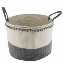 CESTO PORTAOGGETTI PER BIANCHERIA IN CORDA PONPON GRIGI CON MANICI 50X35CM 10673