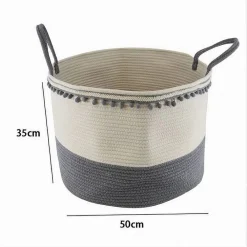 CESTO PORTAOGGETTI PER BIANCHERIA IN CORDA PONPON GRIGI CON MANICI 50X35CM 10673