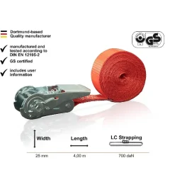 CINGHIA A CRICCHETTO MONOBLOCCO 500 DAN LUNGHEZZA 4METRI ROSSO X 25MM MAX 500KG