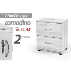 COMODINO CON 2 CASSETTI LETTO MODERNO H45XL40XP30 LEGNO BIANCO ROVERE SBIANCATO