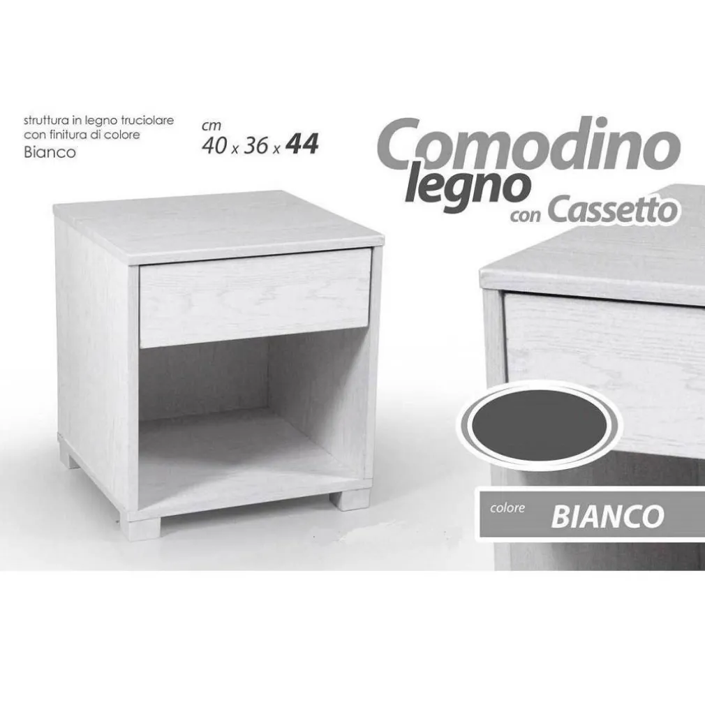 COMODINO CON CASSETO LETTO MODERNO 44X40X36CM LEGNO BIANCO ROVERE SBIANCATO