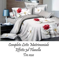 COMPLETO DA LETTO IN FLANELLA EFFETTO 3D LENZUOLO CON FEDERE COPRICUSCINI ROSE